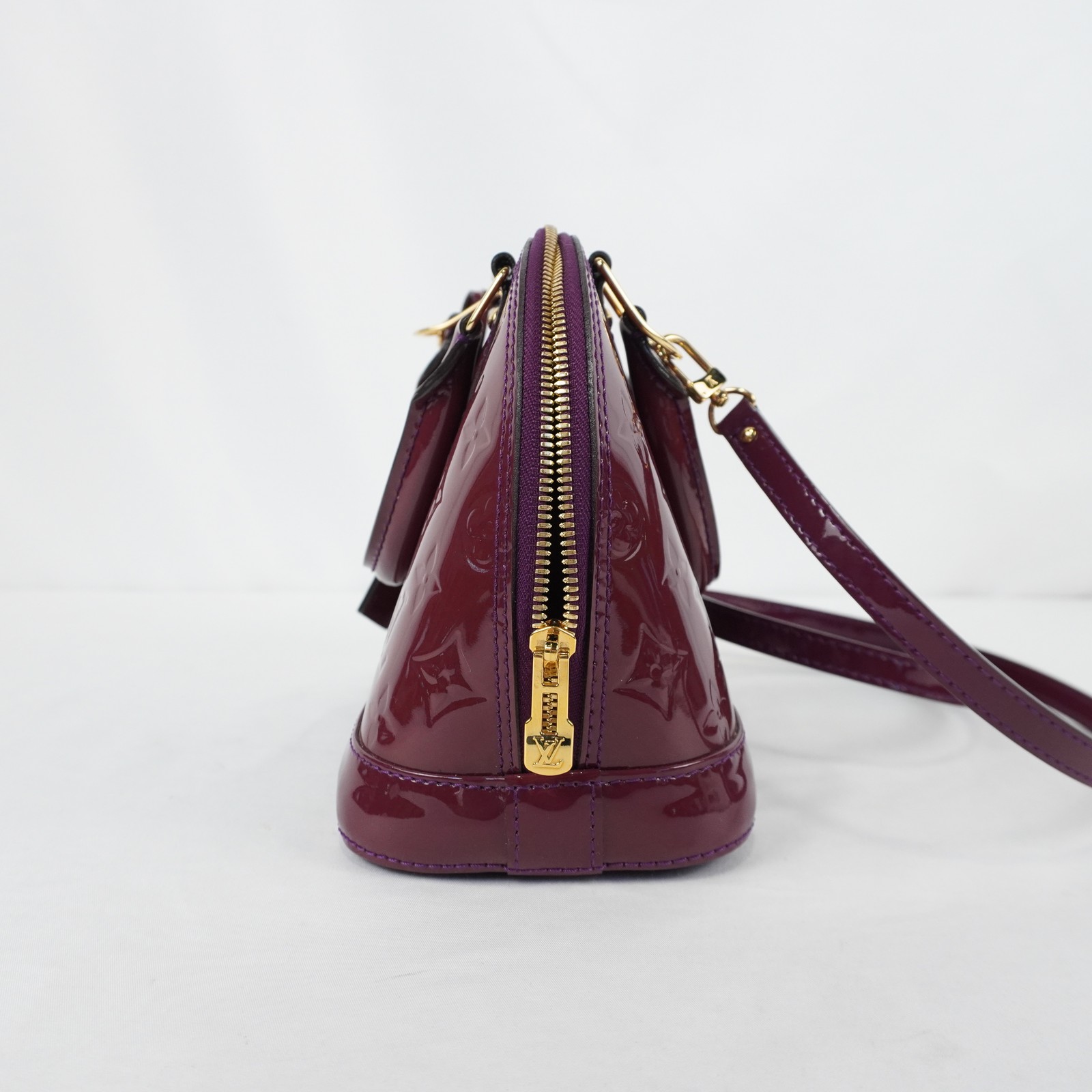 Louis Vuitton Vernis Monogram Alma BB Handbag In Burgundy With Gold Hardware