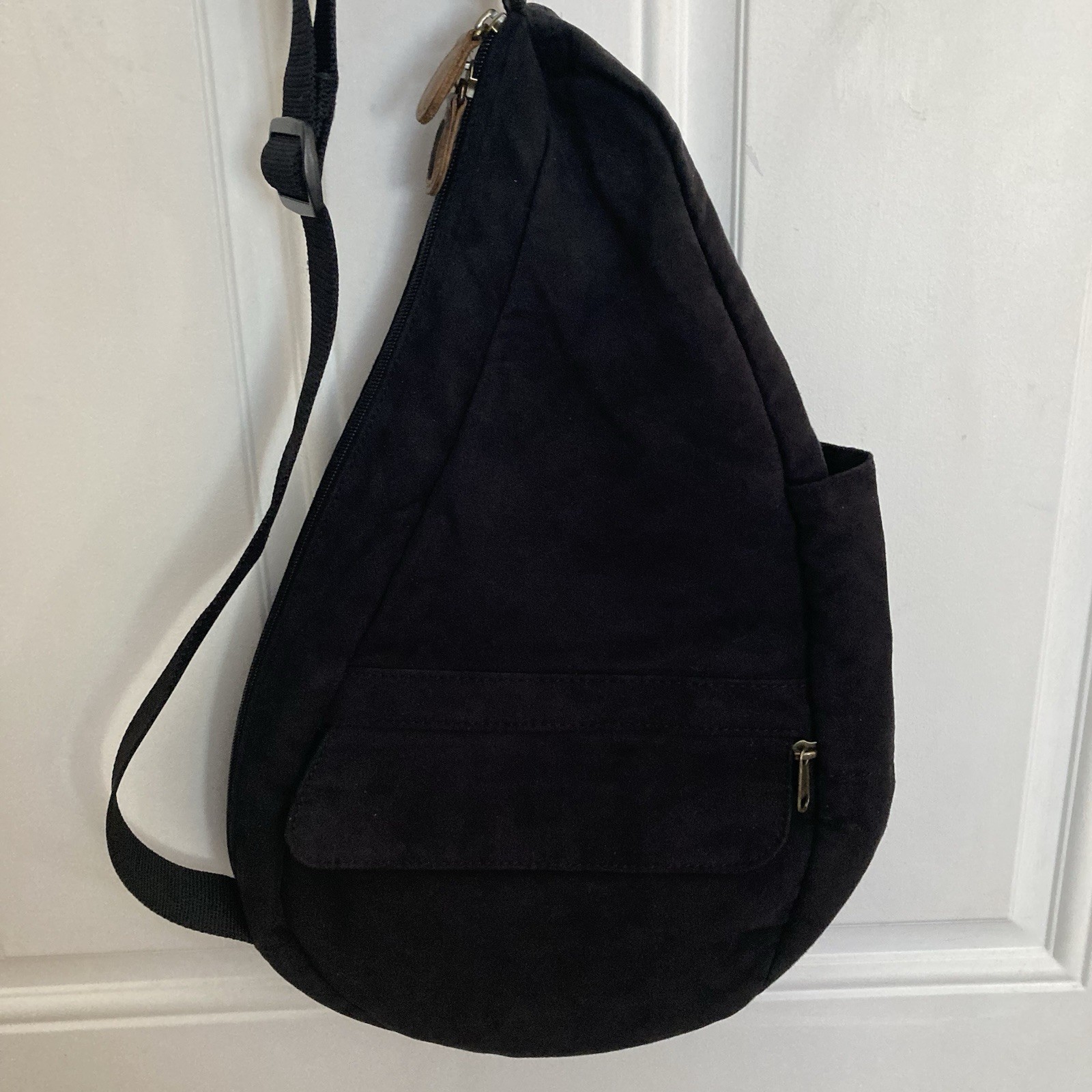 Vtg LL Bean AmeriBag Healthy Back Sling Backpack Black Microsuede 17” x 12”