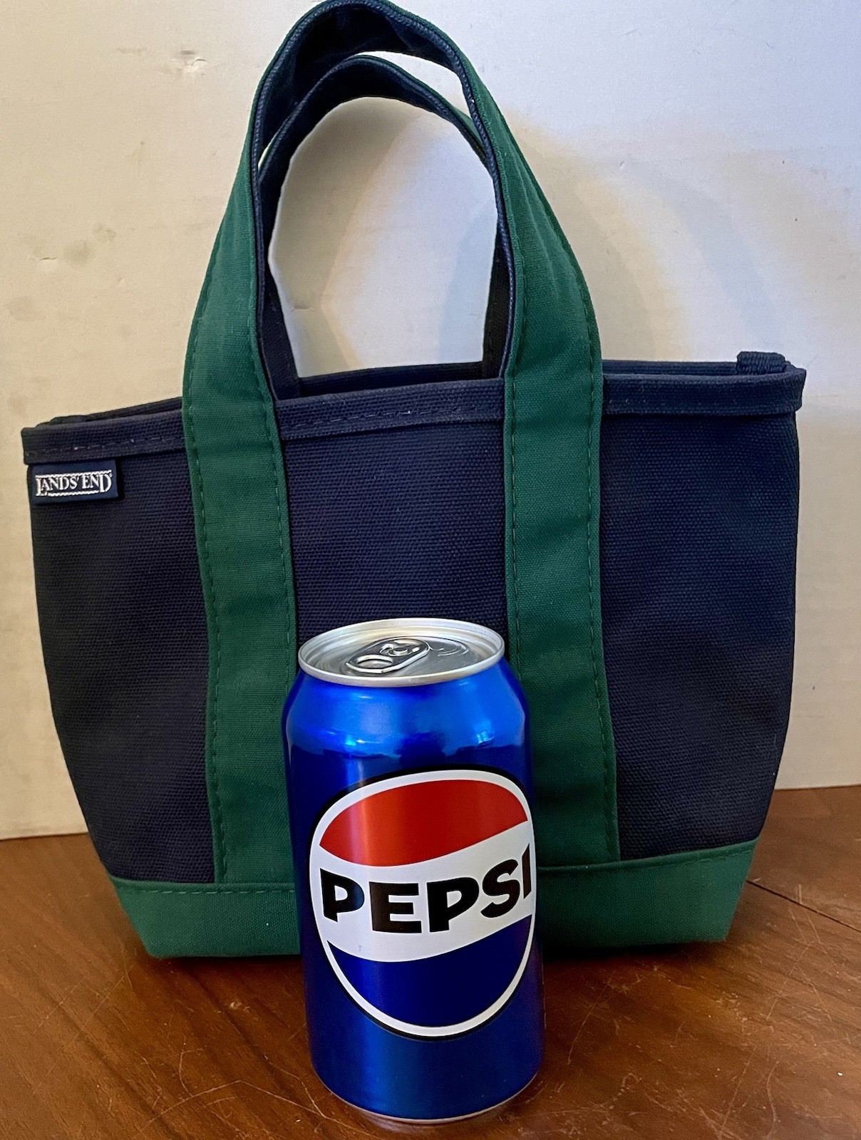 LANDS’ END Mini Tote Bag Heavy Canvas Navy Blue Green Handles Mint