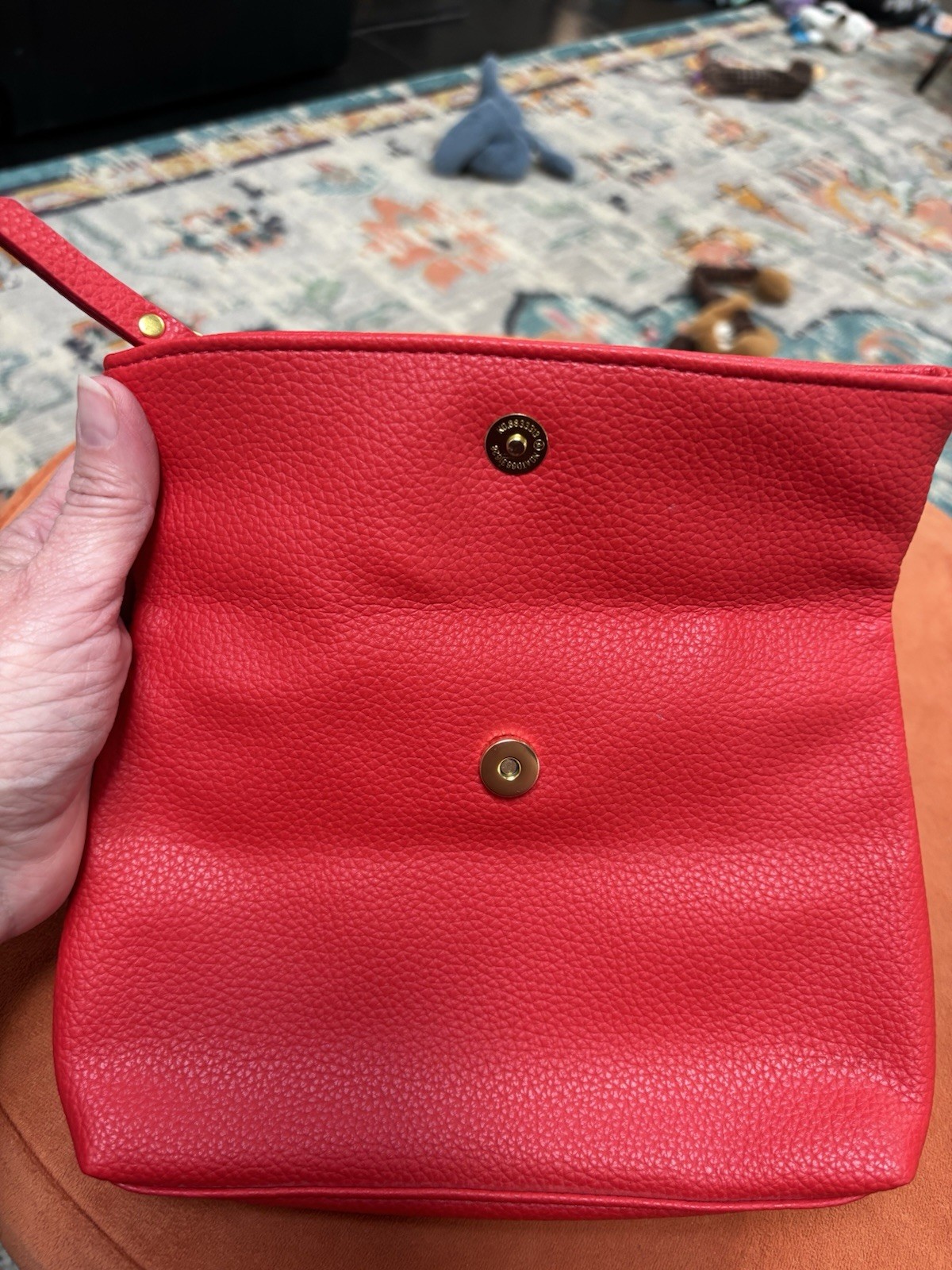 Red Pebbled Faux Leather Clutch Purse Zip Closure Pouch Case with Snap Flap
