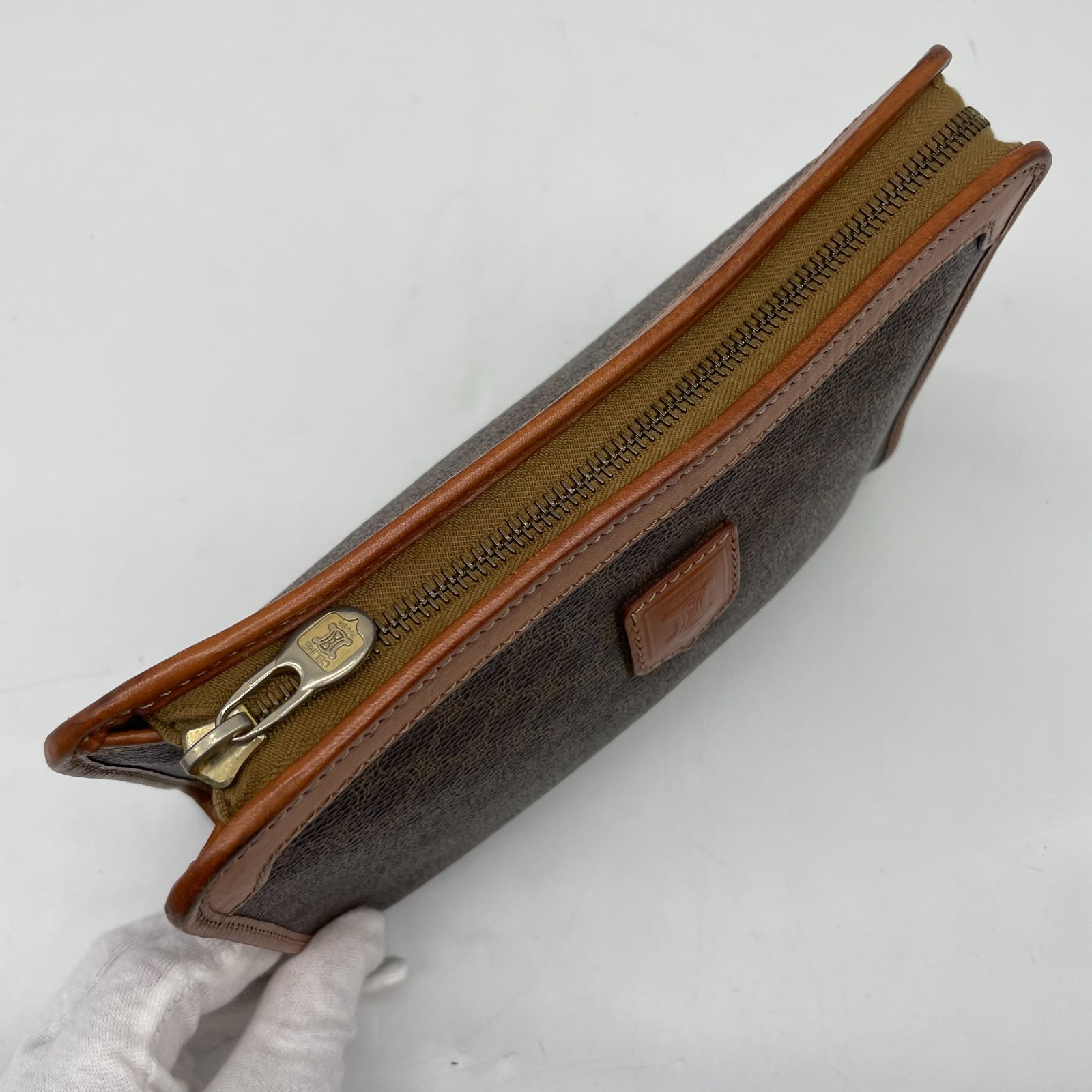 Celine Clutch Bag Brown Macadam Triomphe Leather Leather PVC Pouch Y2K Auth