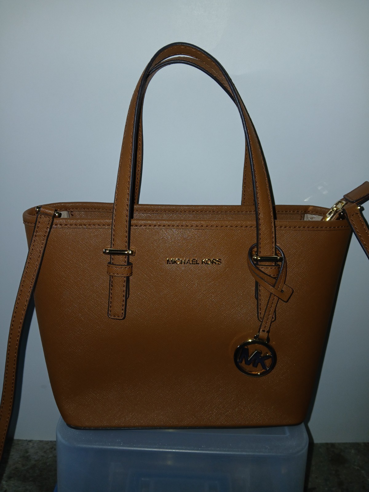 Michael Kors Brown Satchel Top Handle Zip, Detachable Strap, Logo, Charm