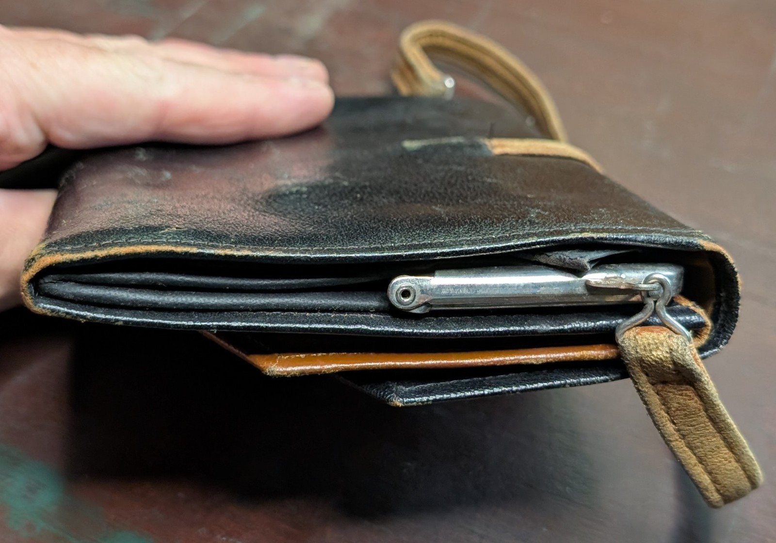 Vintage Black & Brown Leather Purse Arm Strap Purse, With Vanity Mirror, Classic