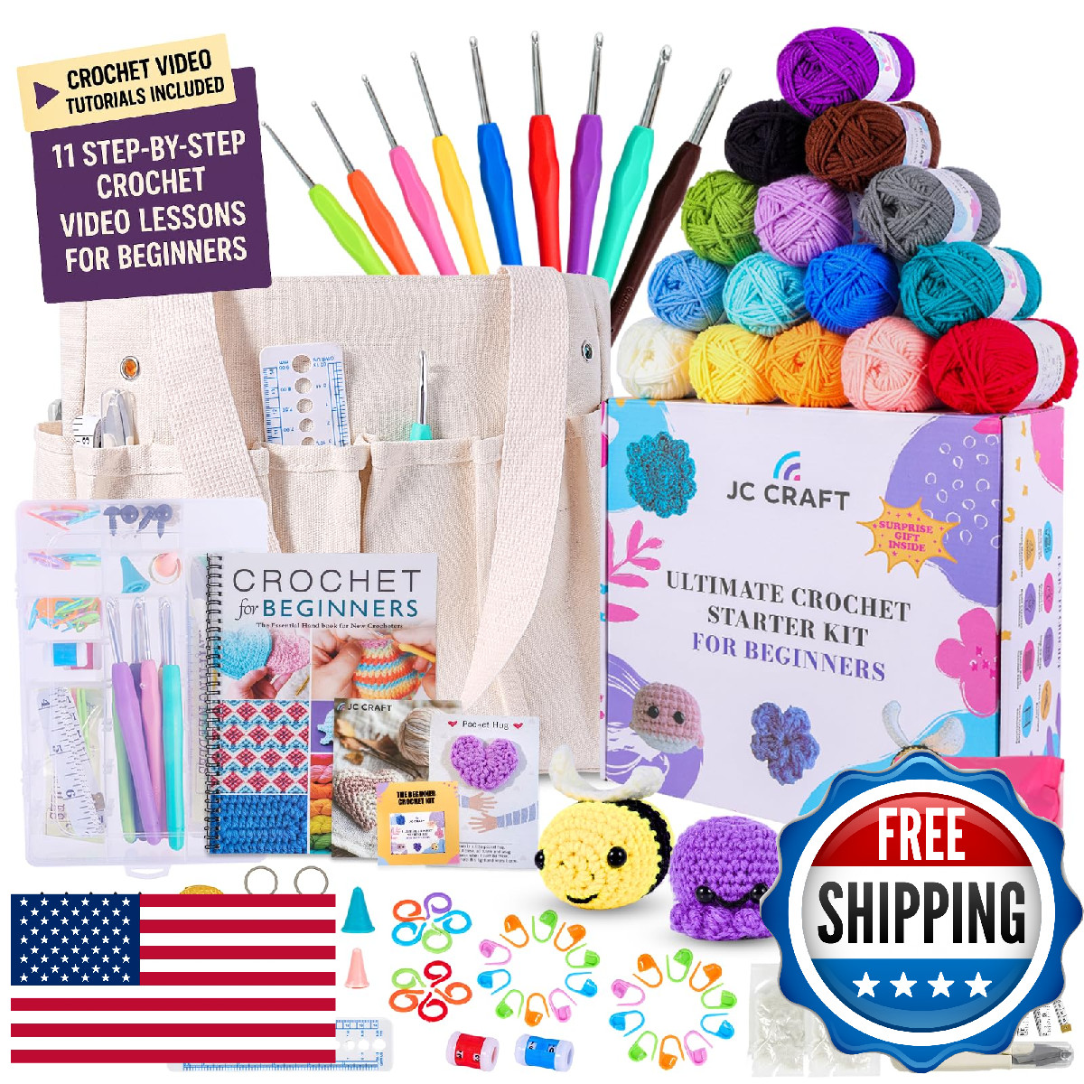 JC CRAFT Beginner Crochet Kit – 81 Piece Starter Set with 15 Colorful Yarns, Erg