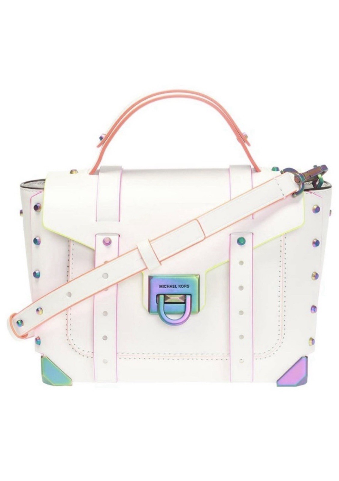 Michael Kors Manhattan Satchel Optic White Rainbow Stud Leather Bag