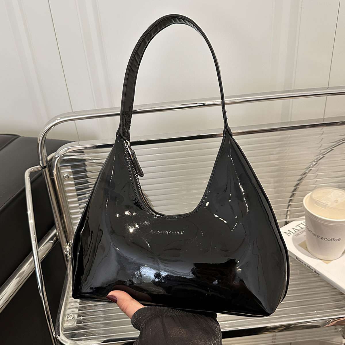 Women Shoulder Bag Solid Handbag Patent Leather Underarm Tote Purse Fashion