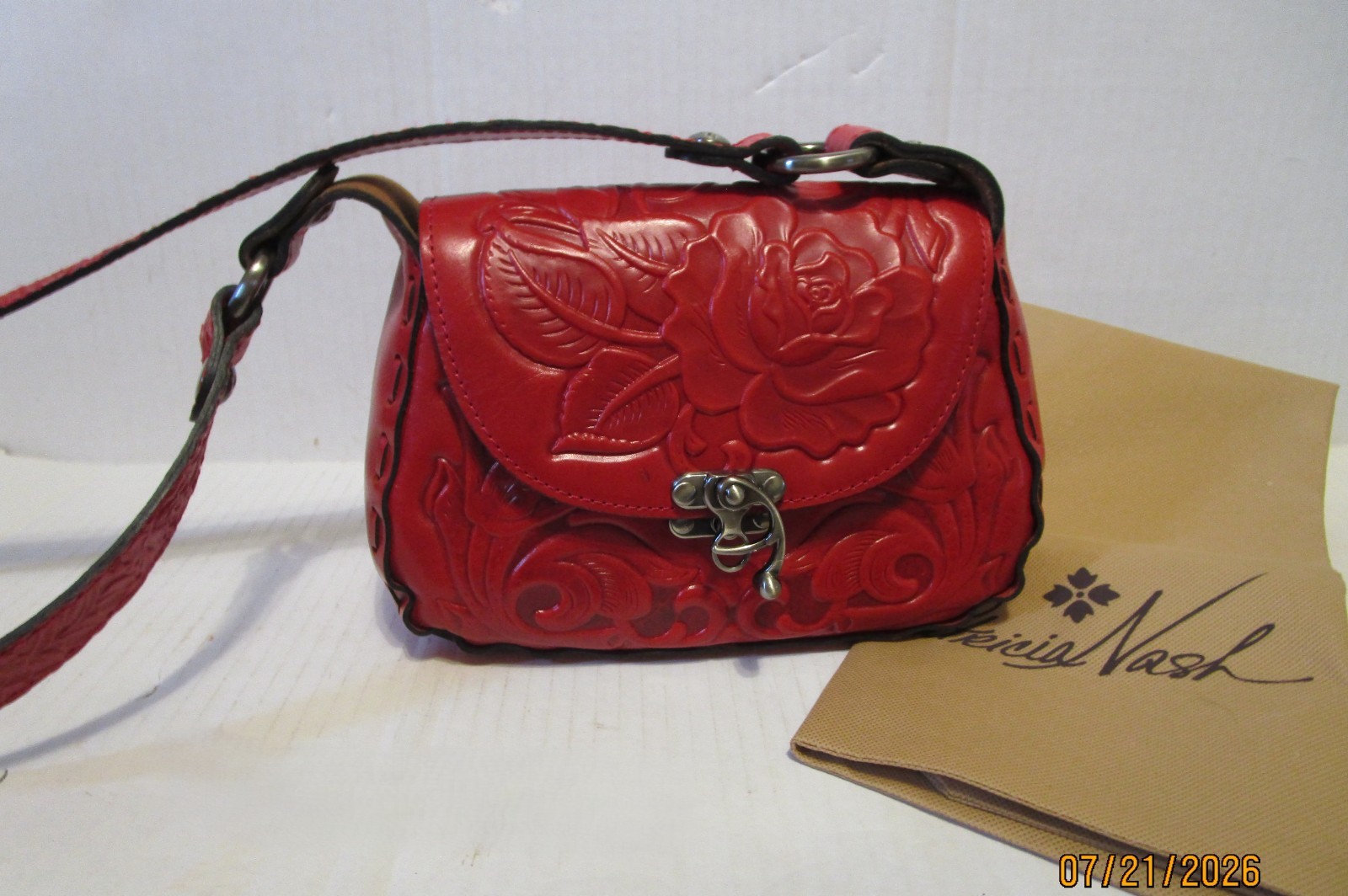 Patricia Nash Micaela Rose Tooled Leather Shoulder Bag Red