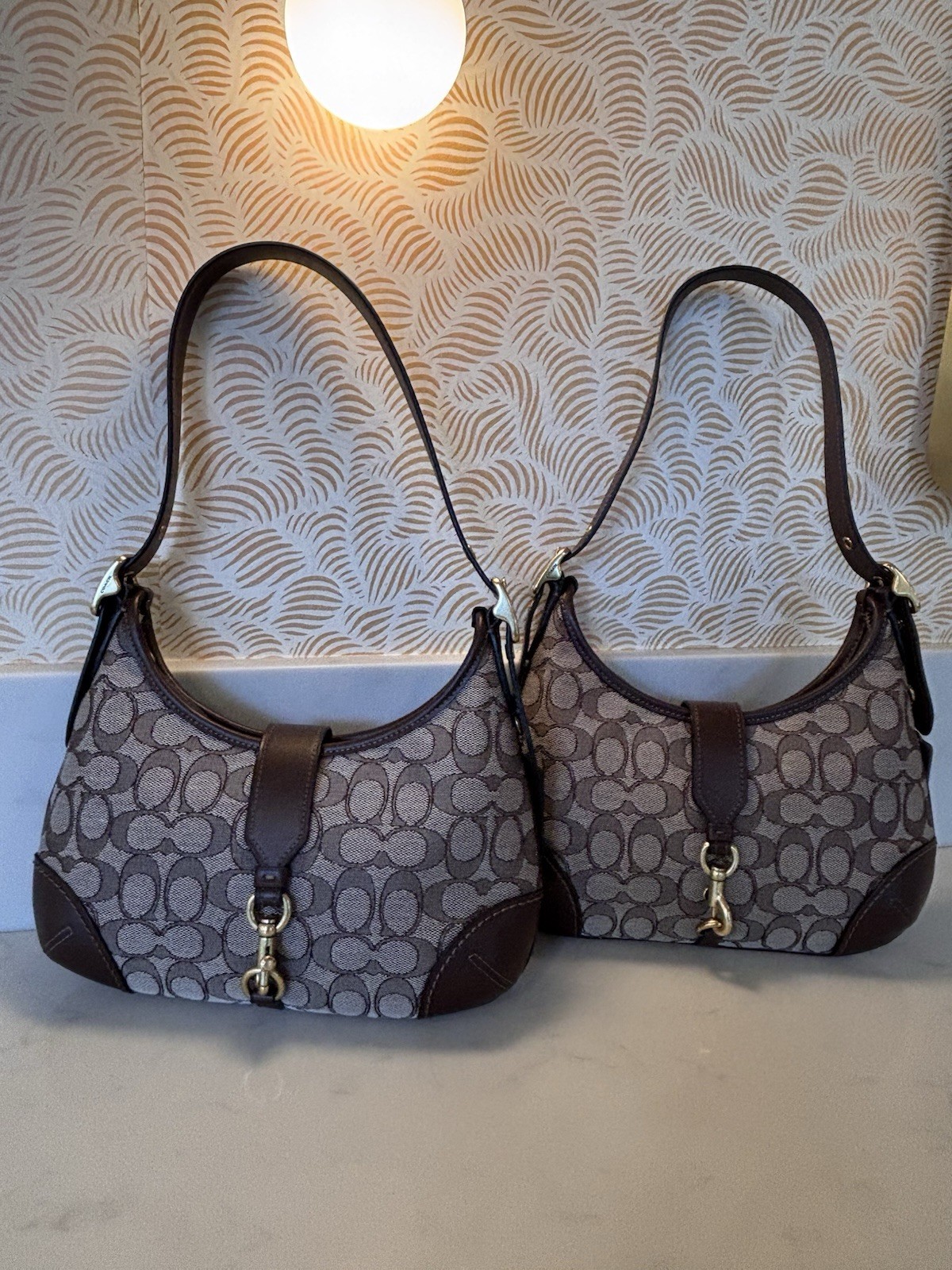 Coach Hamptons Hobo Brown with gold brass hardware in Signature Jacquard