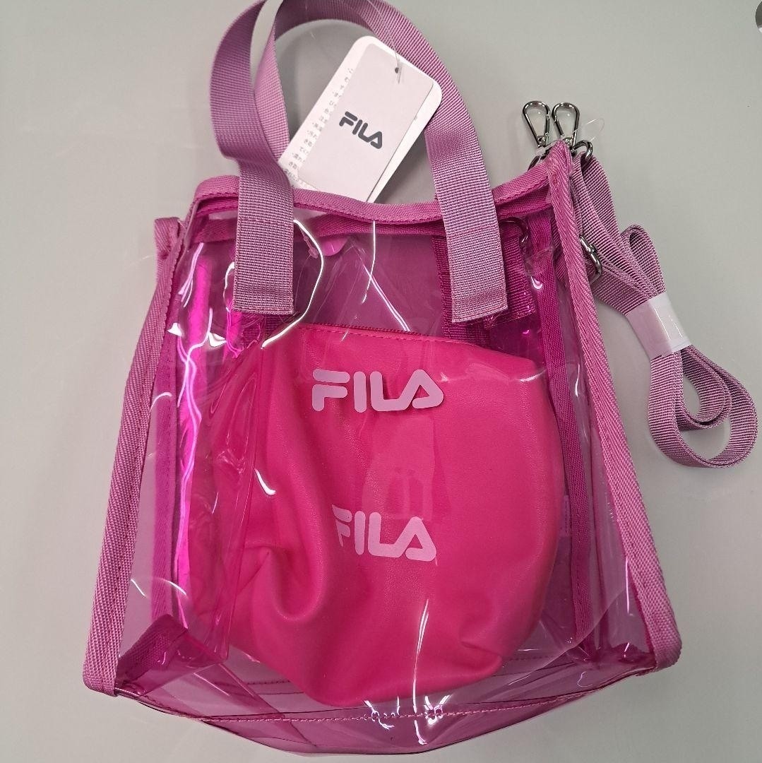 Brand new FILA clear shoulder bag, pink, with pouch.