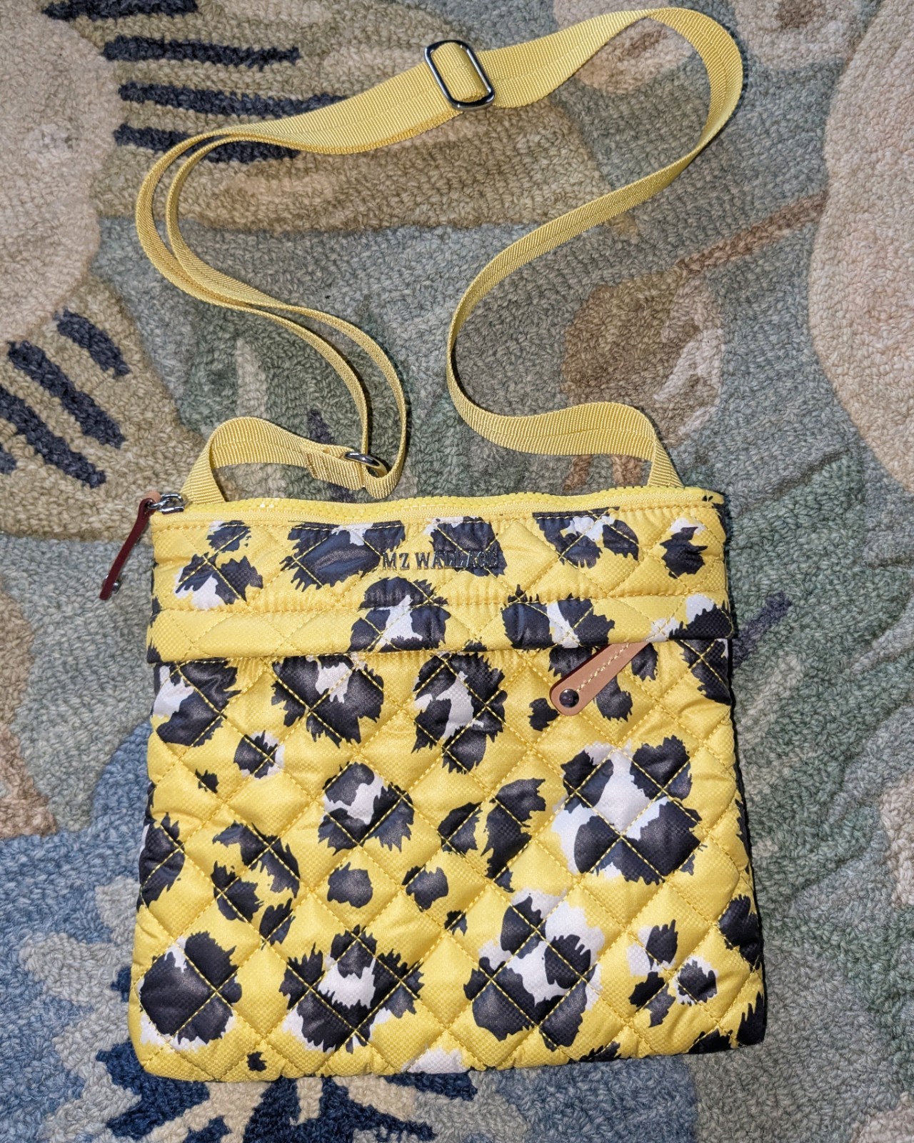 MZ WALLACE Rec Metro Flat Quilted Nylon Crossbody Yellow Leopard NEW