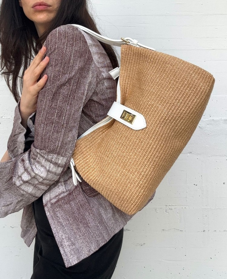 ITALIAN CALF LEATHER & RAFFIA HANDBAG SHOULDER BAG PURSE – MADE IN ITALY