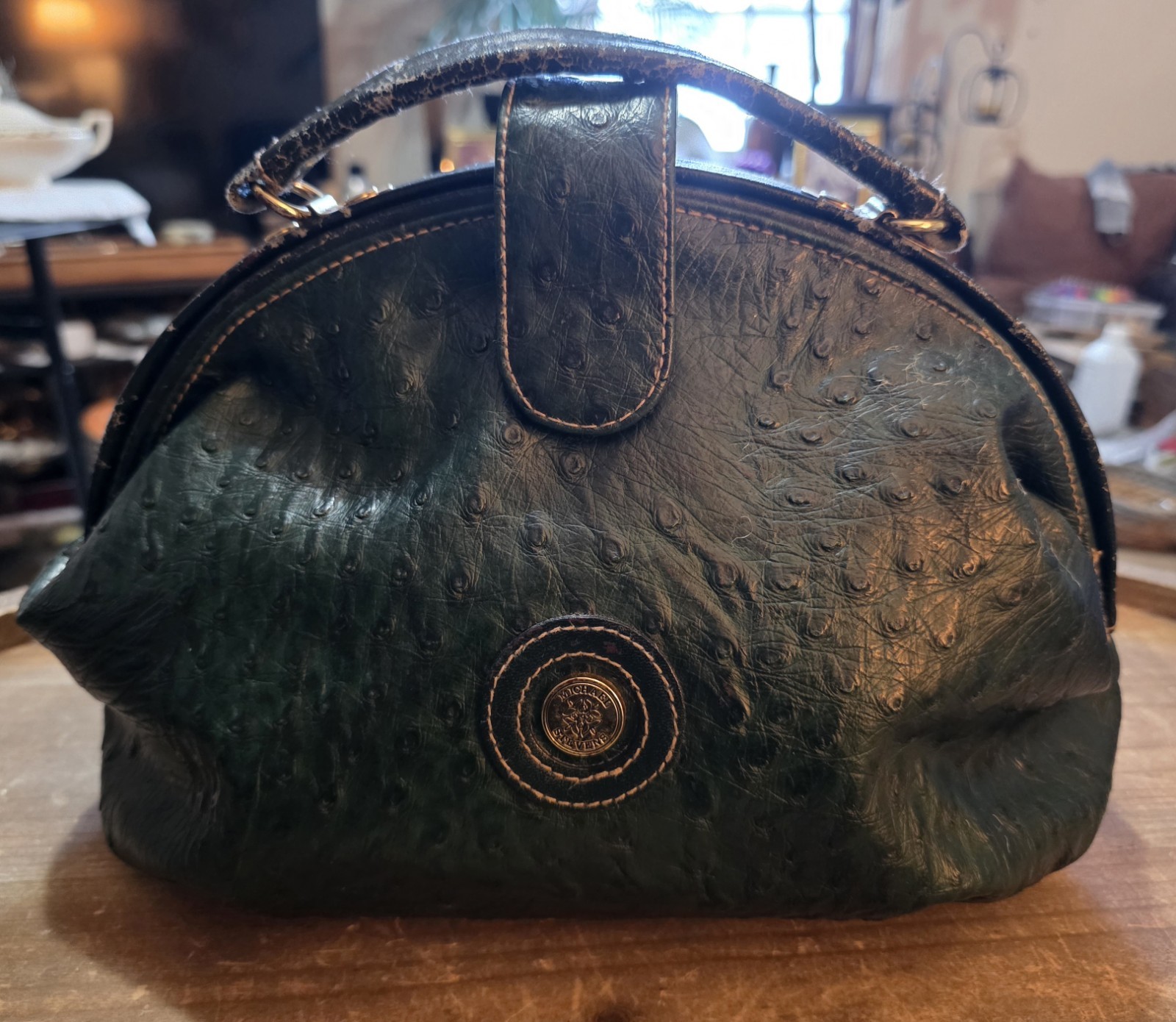 Michael Stevens Green Ostrich Pattern Top Handle Bag with Detachable Strap Women