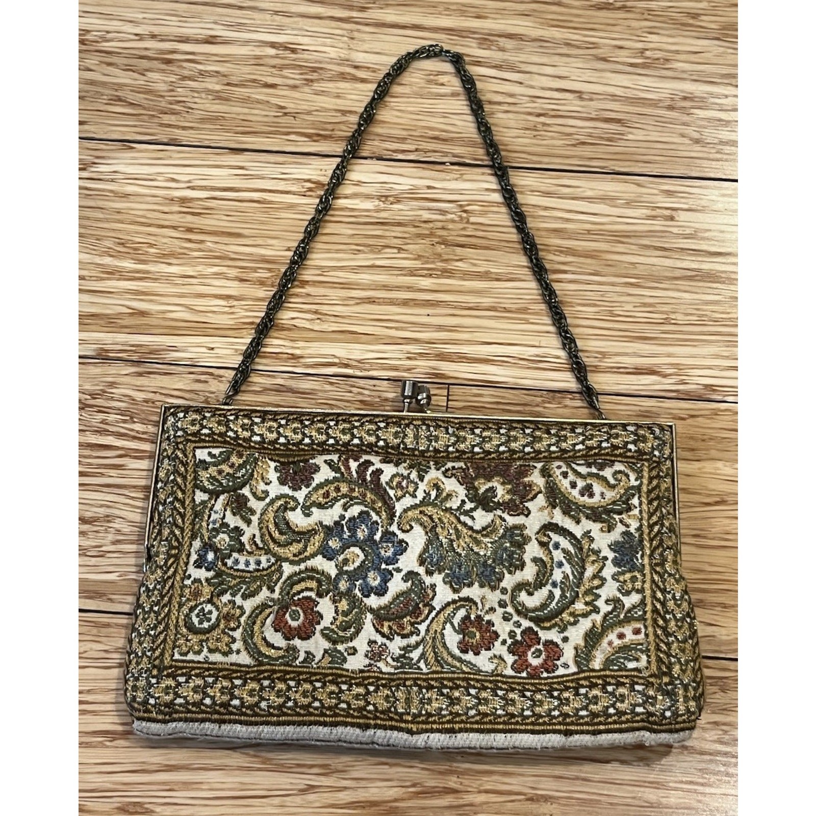 Vtg Small Tapestry Bag Purse Clutch Gold Thread Accents Hong Kong 7.25”