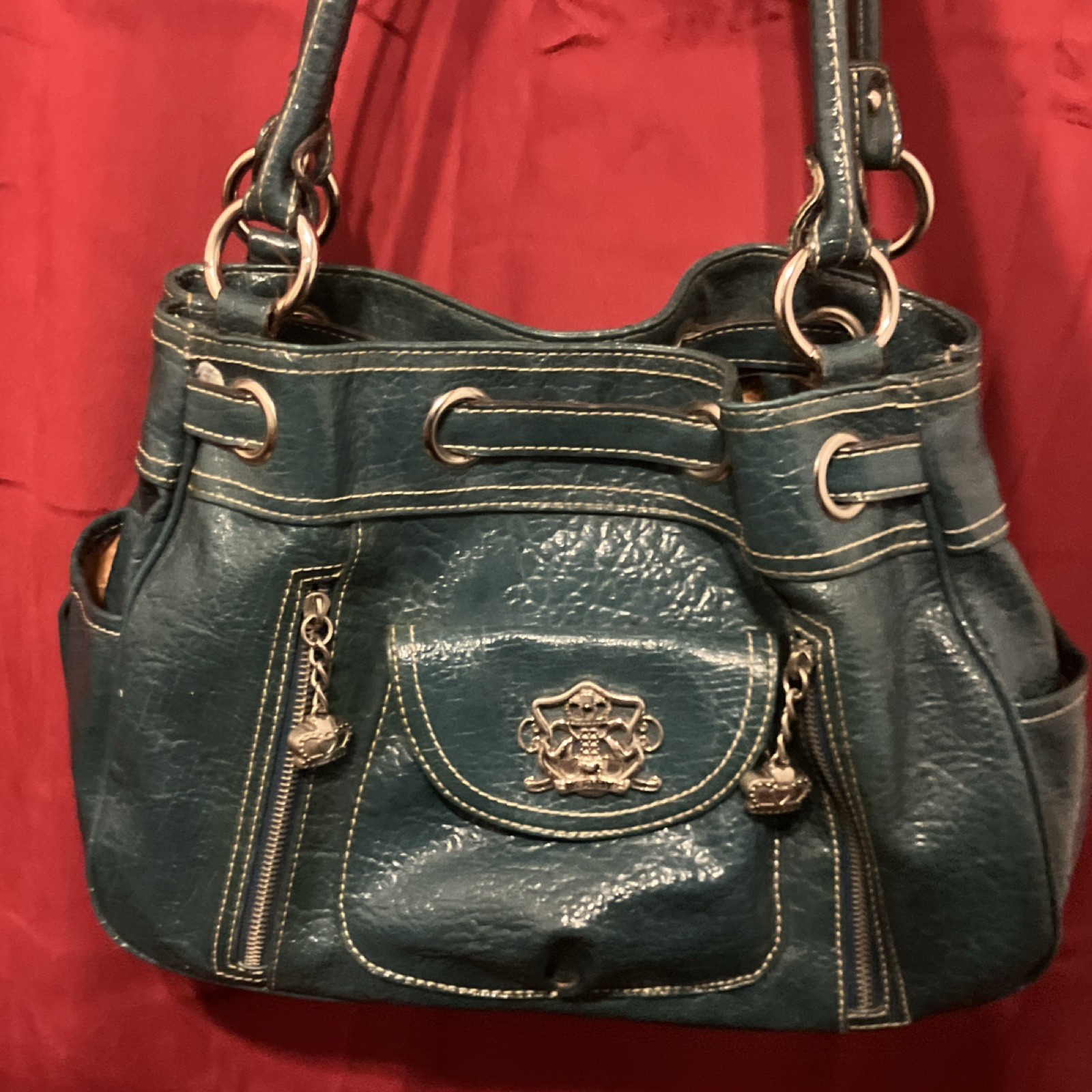 Kathy Van Zeeland Teal Shoulder-Bag Zip/Snap Closure-Double Handles-Pockets