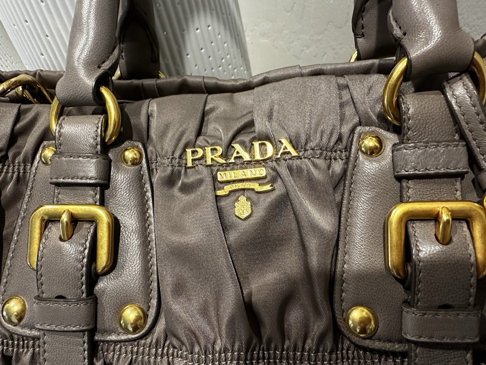 PRADA Gray Ruched Satchel Top Handle Bag w/ Detachable Strap Gold Hardware