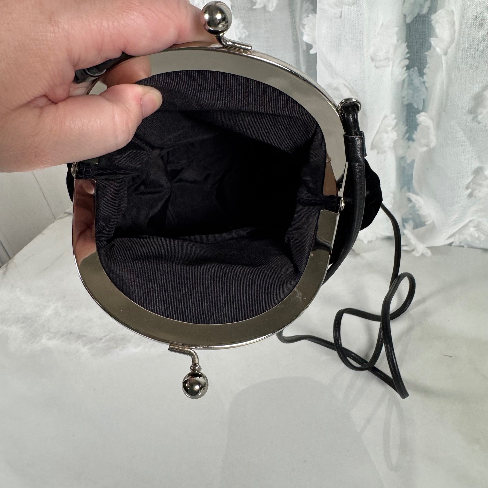 Vintage Etra Small Evening Bag Black Velvet Silver Toned Floral Kiss Lock Clasp