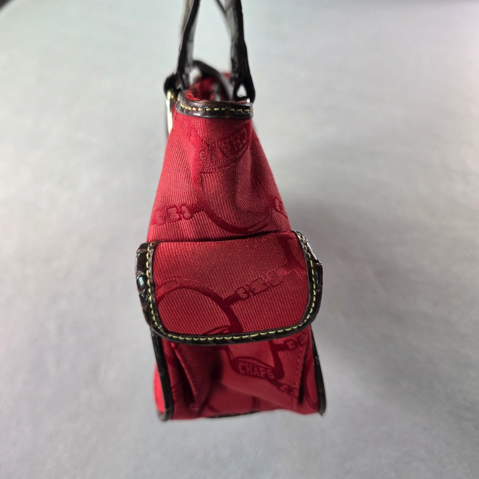 Chaps Red Jacquard Canvas Shoulder Bag Brown Croc Embossed Trim Equestrian Bit