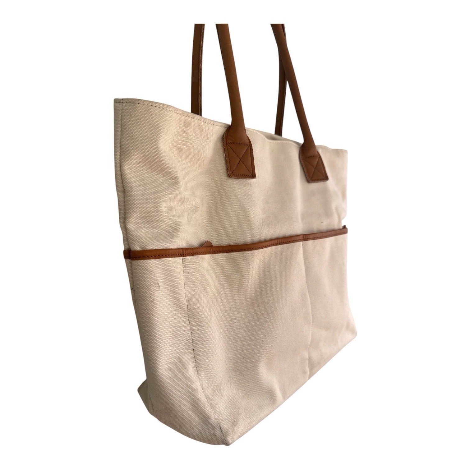 LL Bean 100% Cotton Tote Brown Leather Handle Canvas Bag Ivory Striped Lining