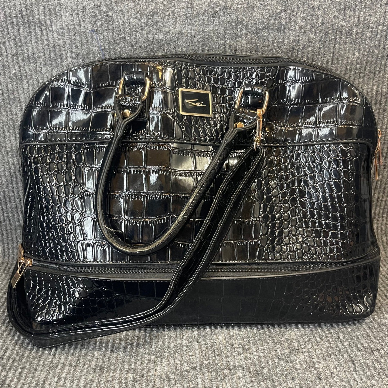 Sei Satchel Bag LARGE Black Croc Embossed Patent Faux Leather Handbag Travel