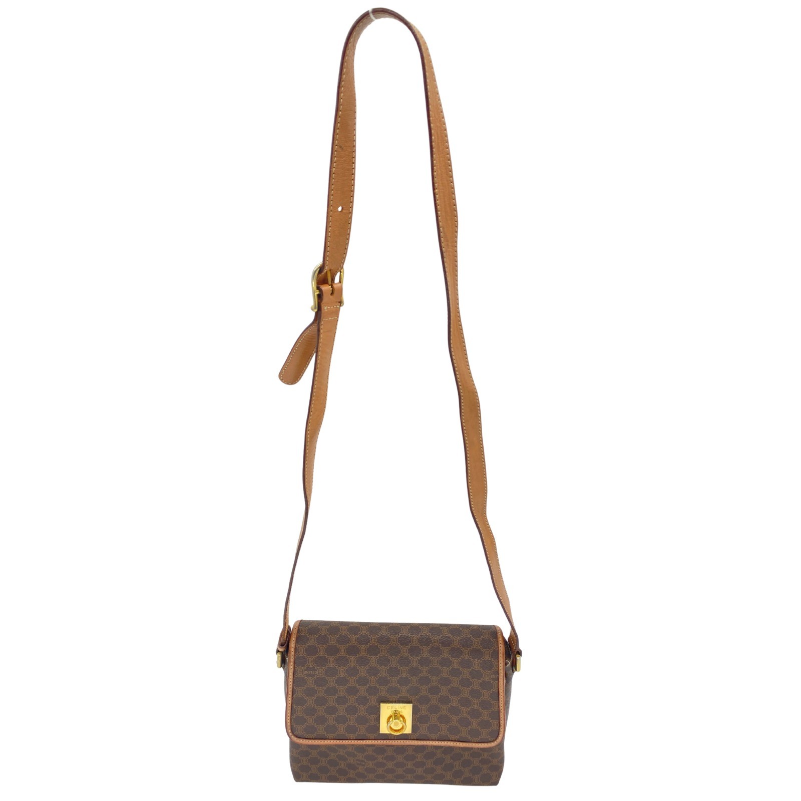 CELINE Vintage Shoulder Bag Macadam Circle Hardware PVC Leather Brown Authentic