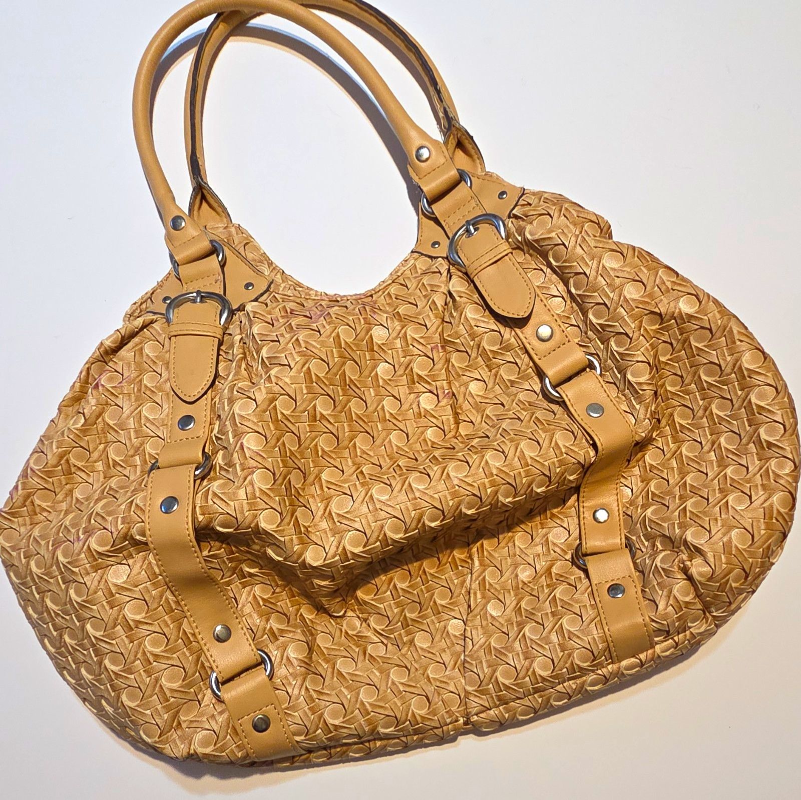 New Directions Tan Geometric Satchel Top Handle Bag Double Handles Zip Magnetic