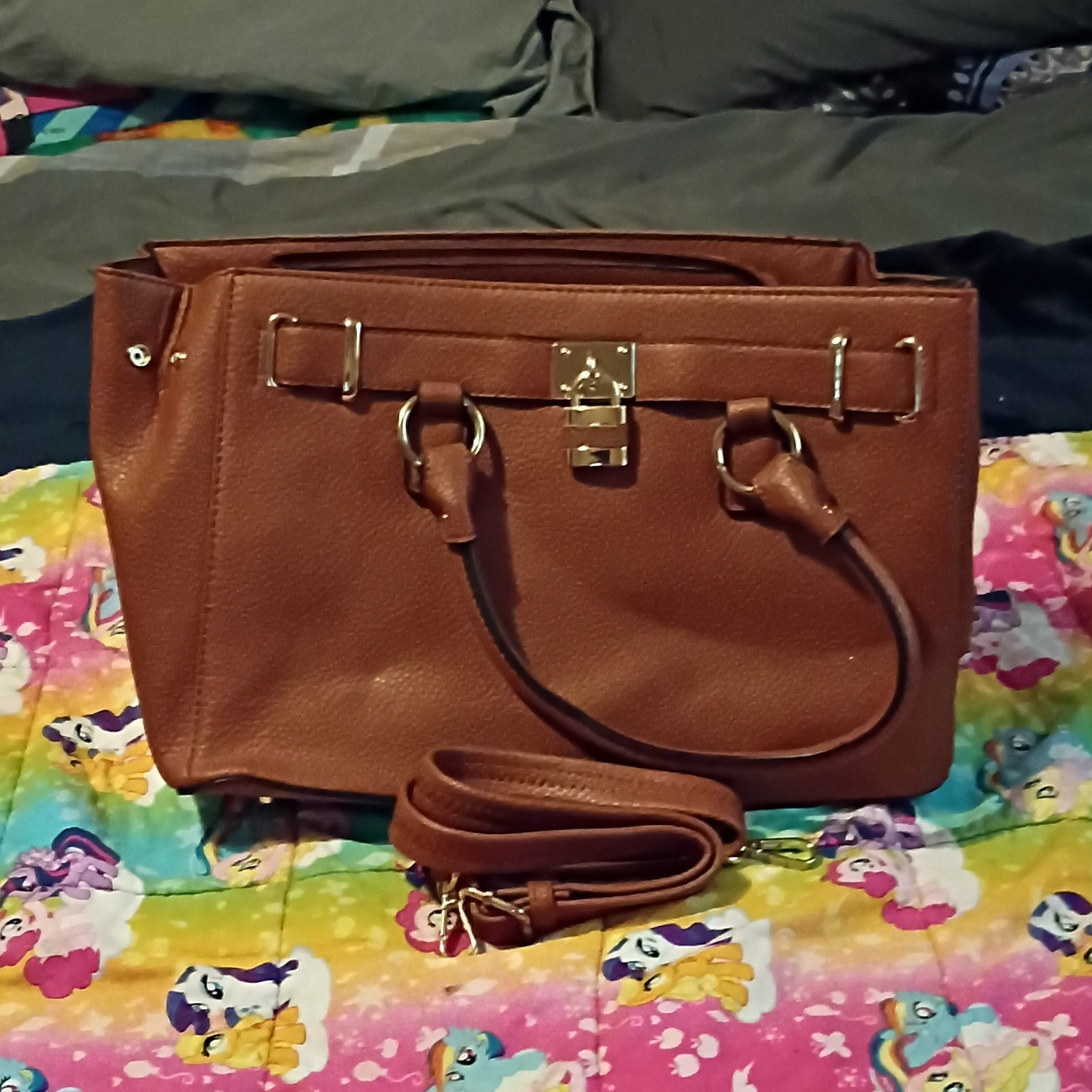 Brown Pebbled Satchel Top Handle Padlock Closure Detachable Strap Lined Medium