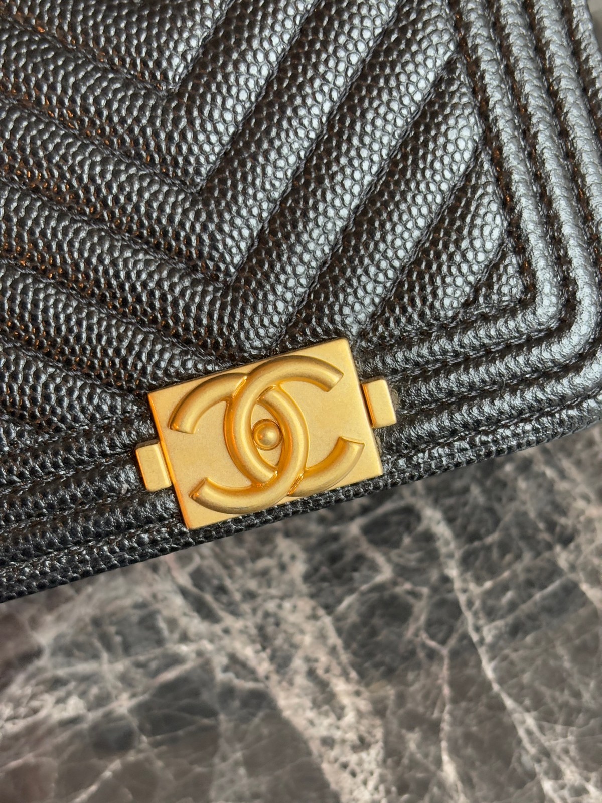 Chanel Le Boy Black Chevron Caviar Leather Mini Card Holder with Chain