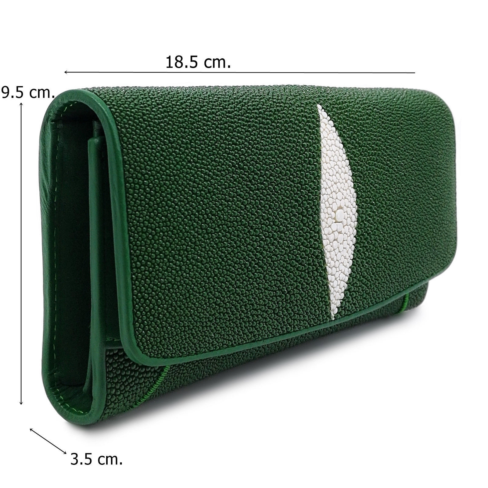 Green Stingray Leather Lady Wallet Wide 9.5 cm. Long 18.5 cm. Thick 3.5 cm.
