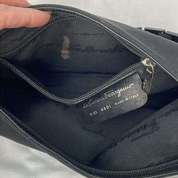 Salvatore Ferragamo Vara Chain Link Shoulder Bag Black Canvas Quiet Luxury