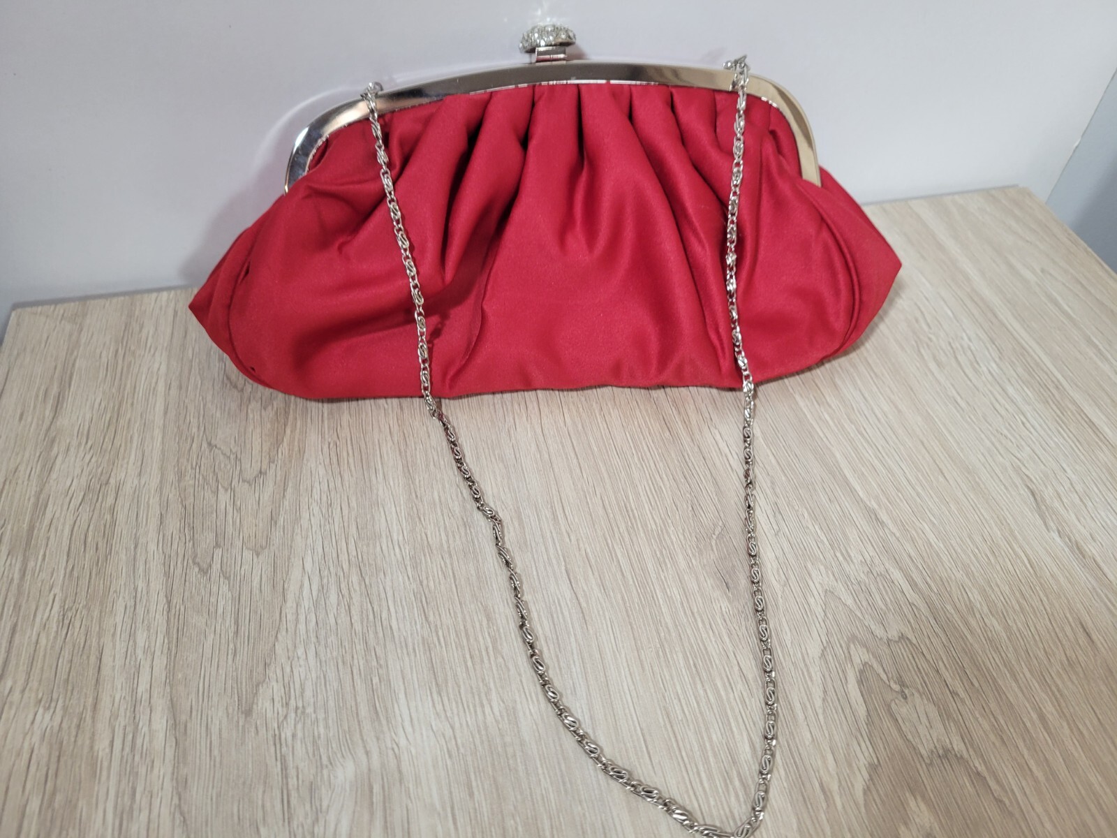 Lulu Townsend Red Clutch w/ Rhinestone Clasp & Chaine strap Purse Night Bag