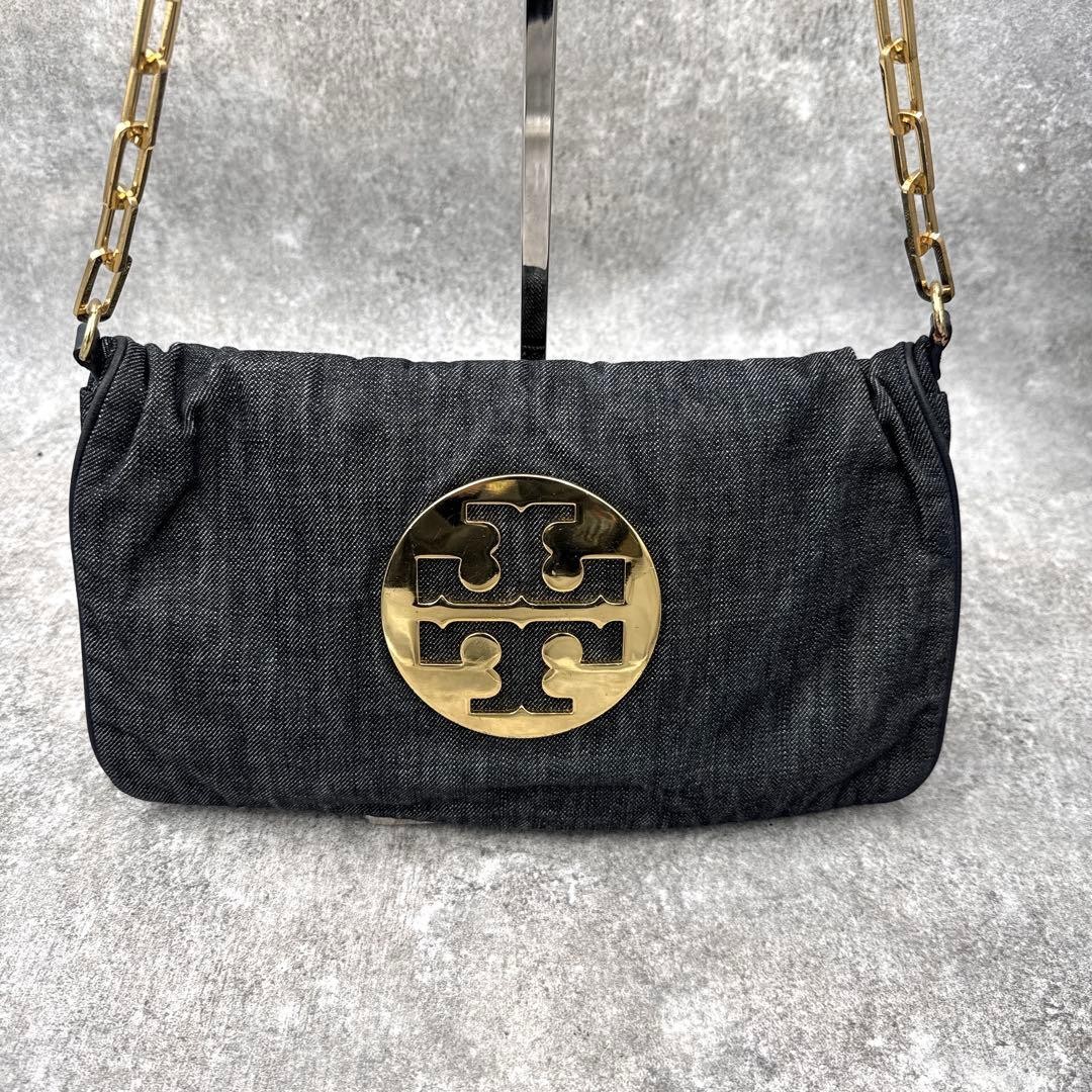 Tory Burch Amanda Denim One Shoulder Bag Gold Chain Excellent Authentic