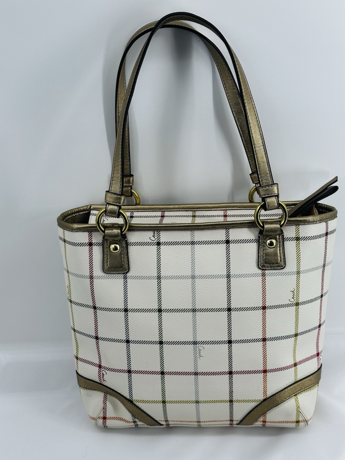 Authentic Coach Peyton Tattersall Multi-Color Shoulder Tote Purse Gold Trim