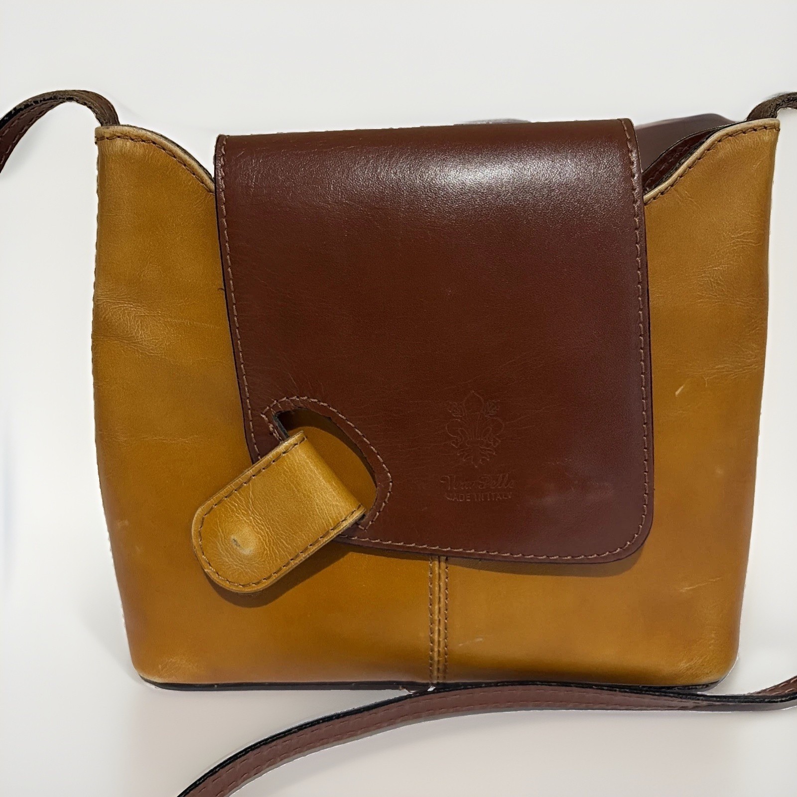 Vera Pelle Genuine Leather Crossbody Bag Color Block Cognac Brown Made In Italy