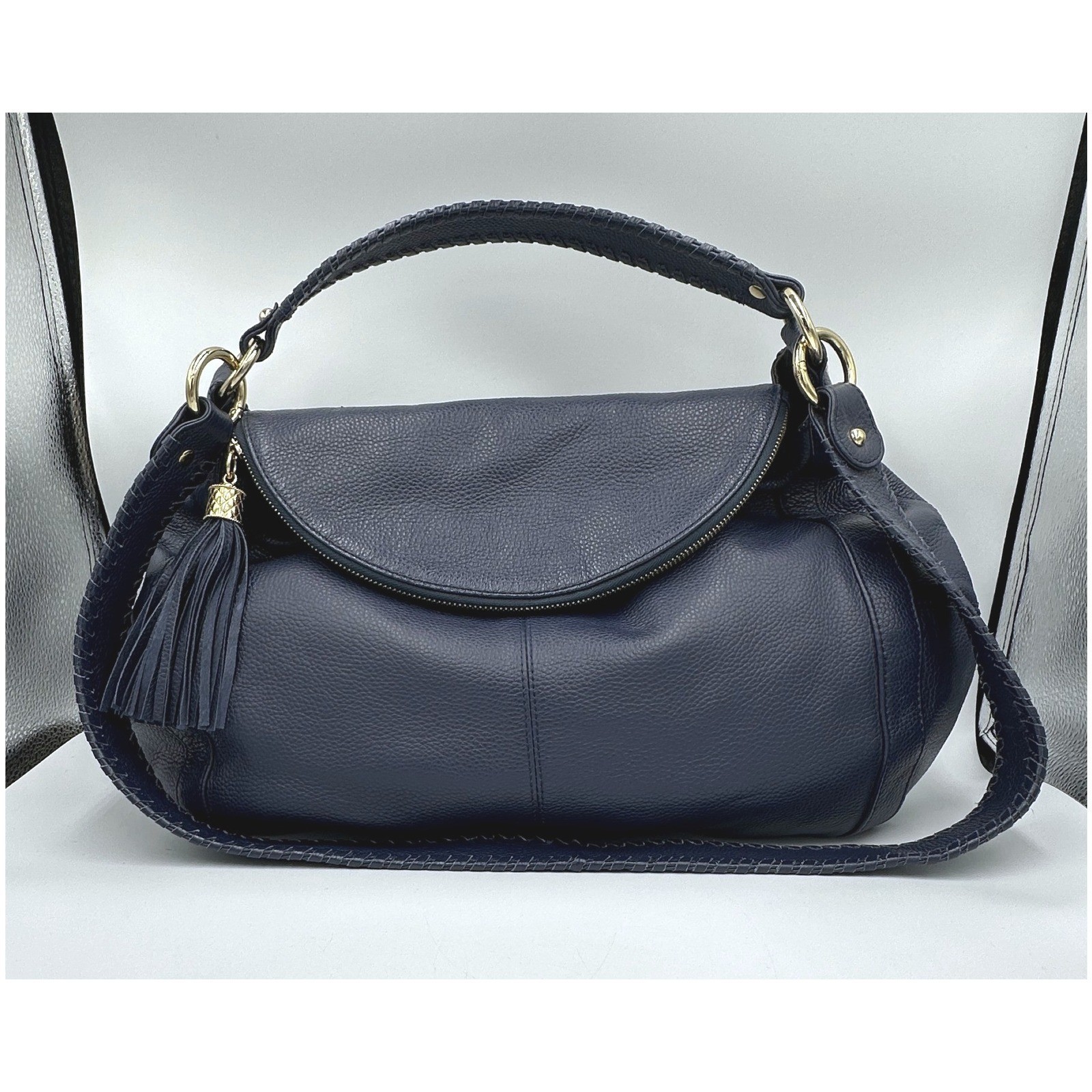 Onna Ehrlich Rachel Navy Blue Pebbled Leather Fold-Over Bag Tassel ASO Cam Diaz