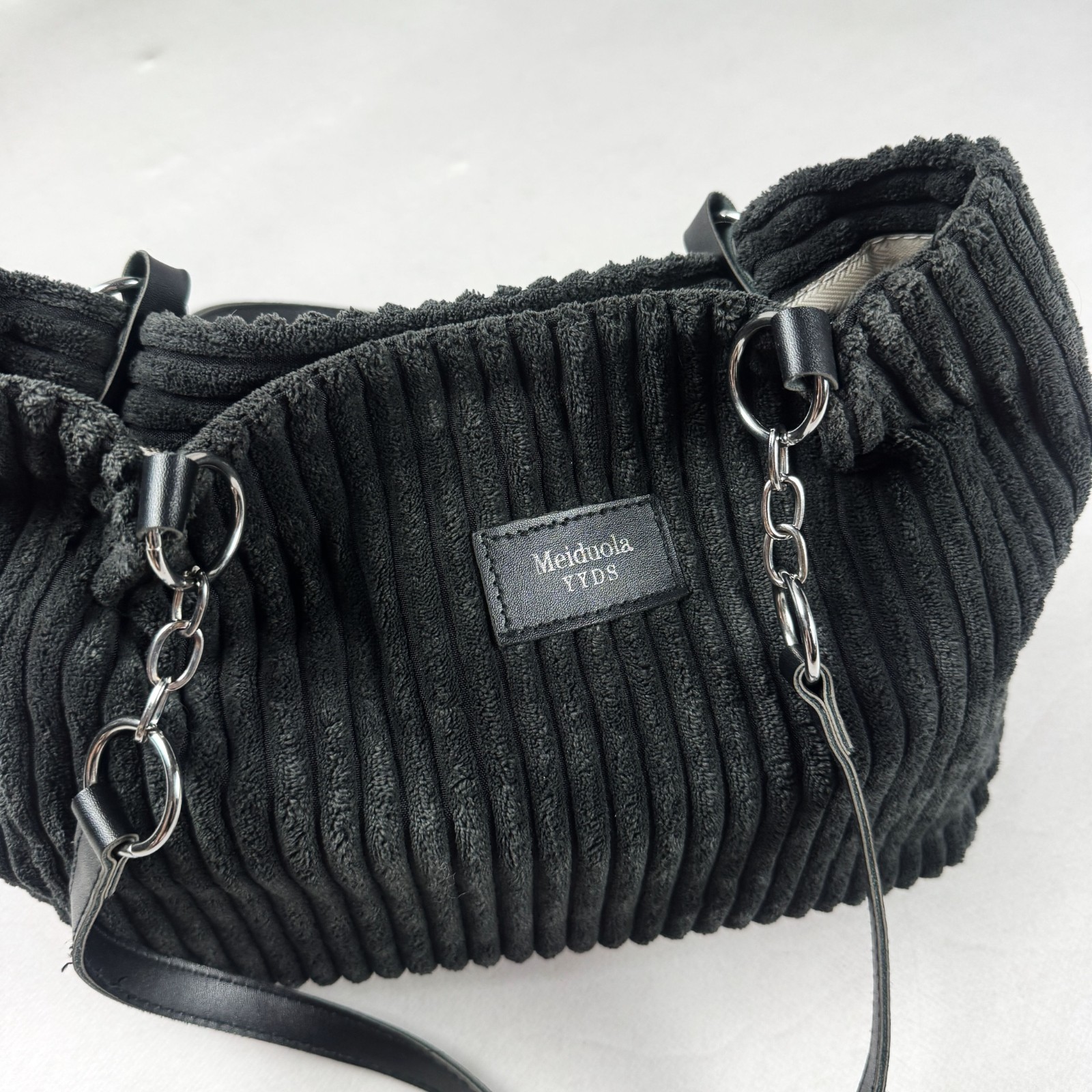Meidoola Y2K Black Corduroy Shoulder Bag Chain Strap Goth Grunge Handbag Purse