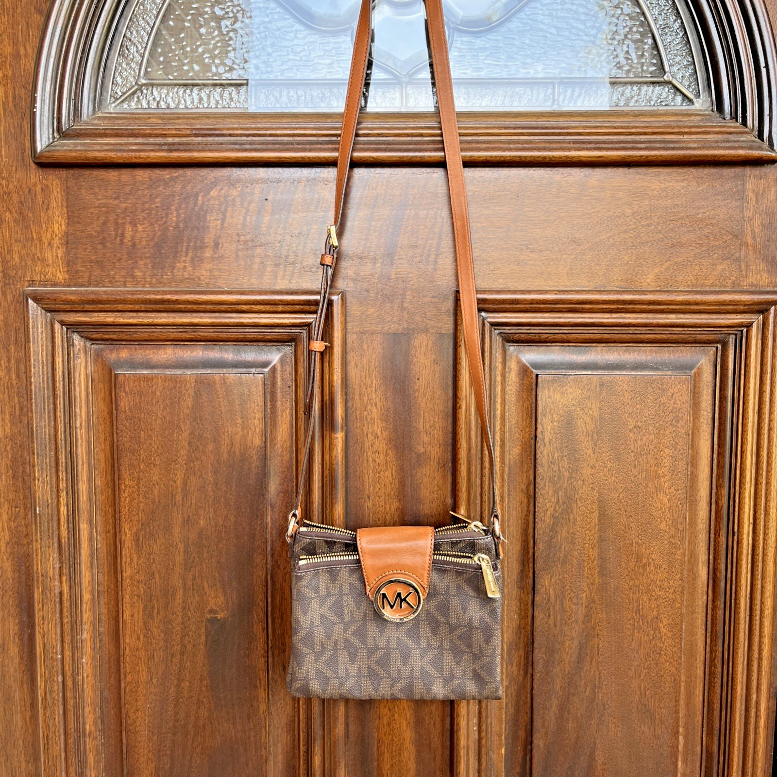 MICHAEL KORS Brown Monogram Pebbled Leather Small Fulton Crossbody Bag Brown