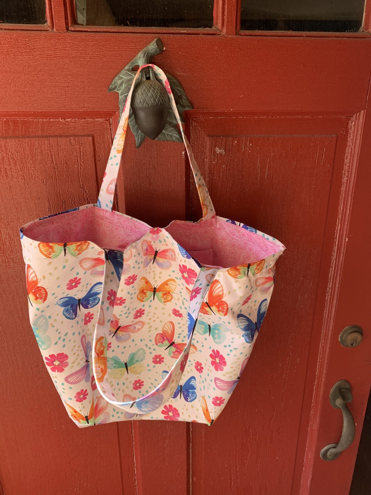 Handmade butterfly tote bag with inner pockets on both sides.