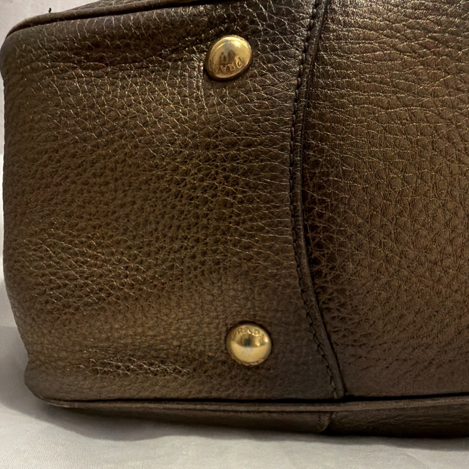 PRADA Brown Pebbled Satchel Top Handle Double Handles Zip Logo Bag Charm