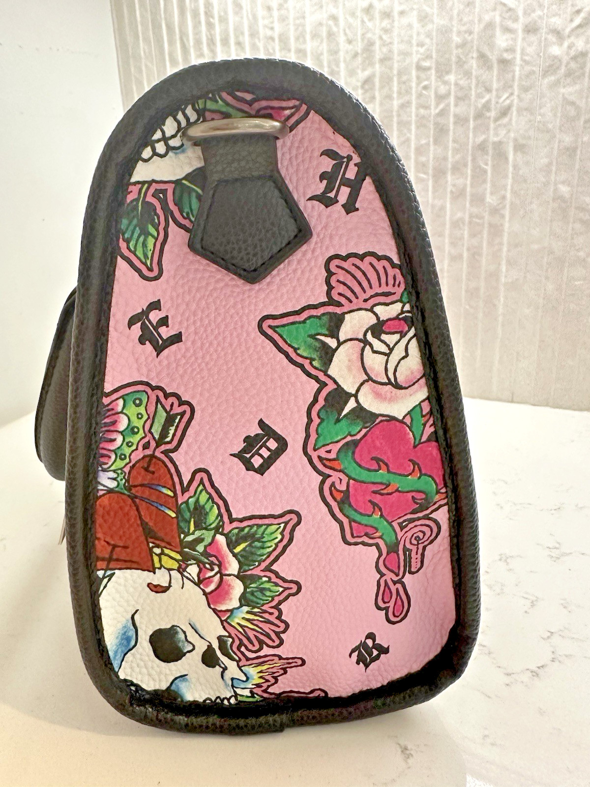 ED HARDY Pink Skull Purse CUSTOMIZED Tiger Print Interior Removable Strap NWT