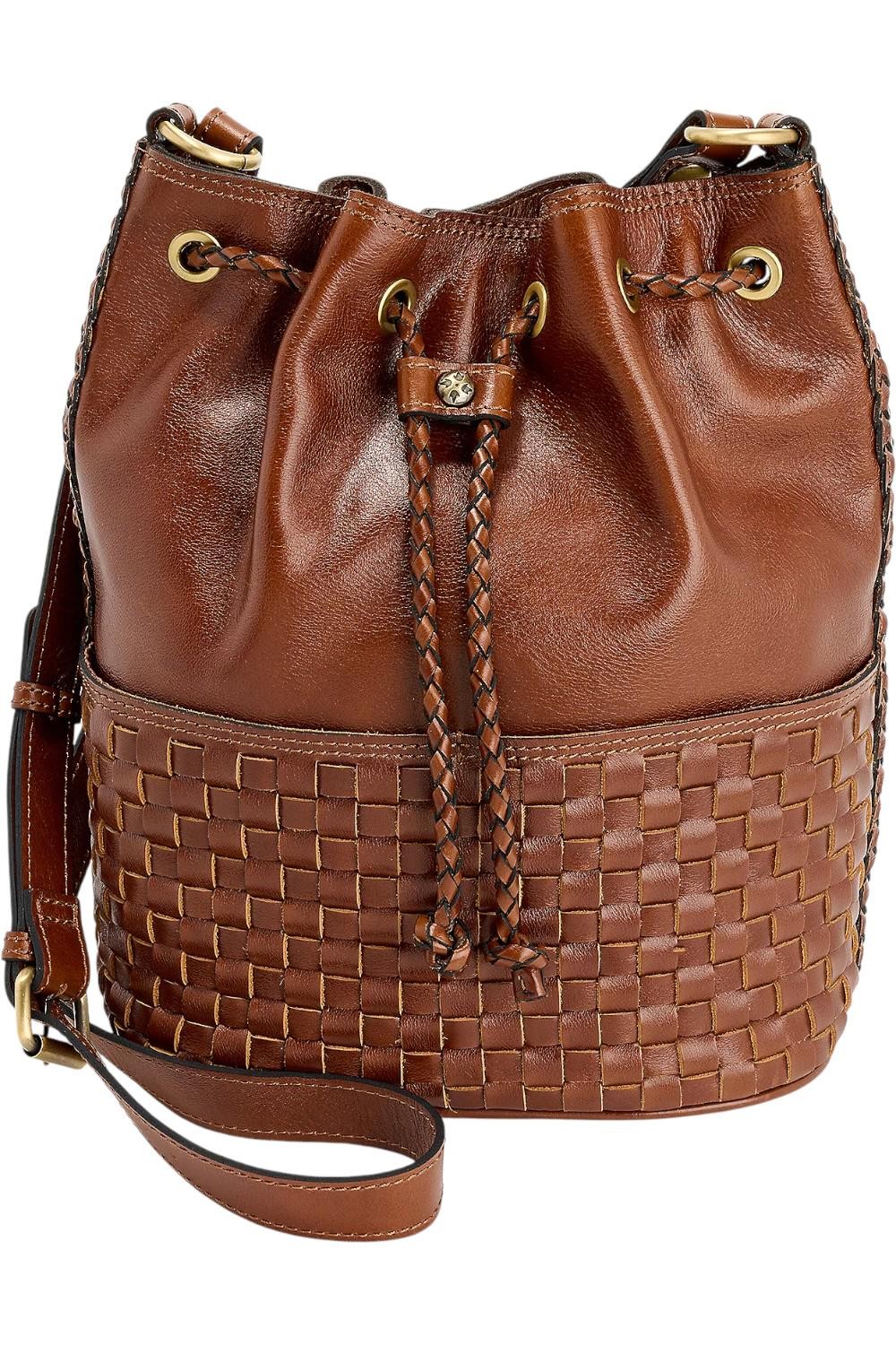 Patricia Nash Discovery Leather Mila Drawstring Crossbody Bag Cognac