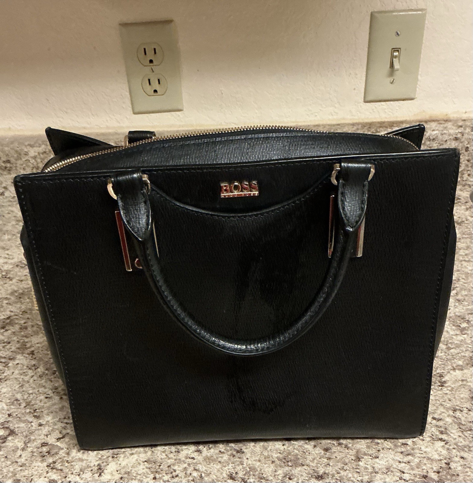 Hugo Boss Black Leather Handbag with Zip Top and Double Handles