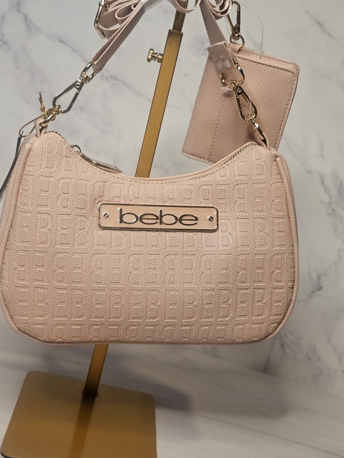 Bebe Powder Pink Embossed Shoulder Bag Purse Wallet Set NWT Crossbody Handbag