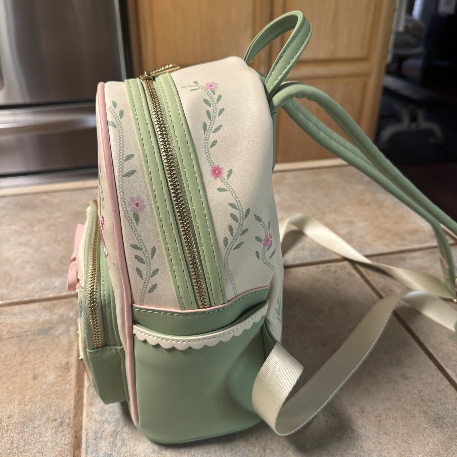 Disney Loungefly Bambi Spring Flowers Gingham Mini Backpack Green Pink Cream