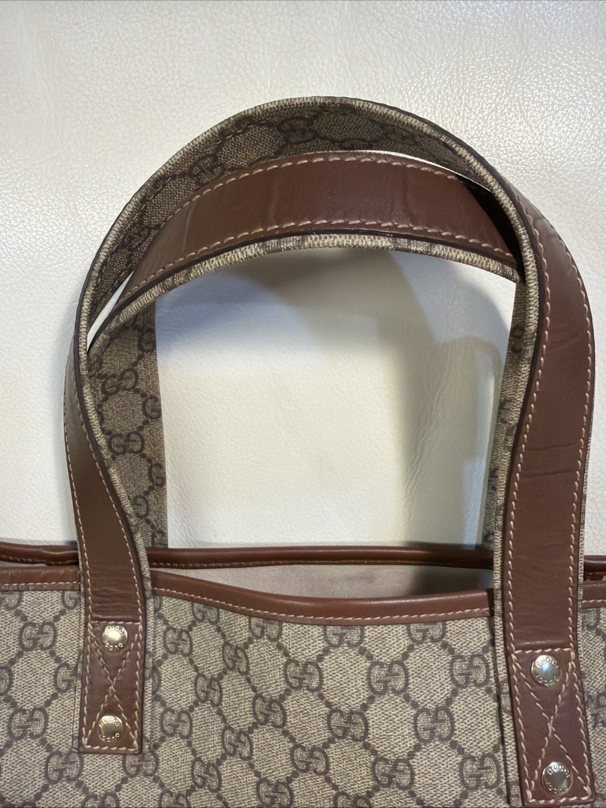 Gucci GG Pattern Tote Bag for Women with Brown Leather Handles Logo Print
