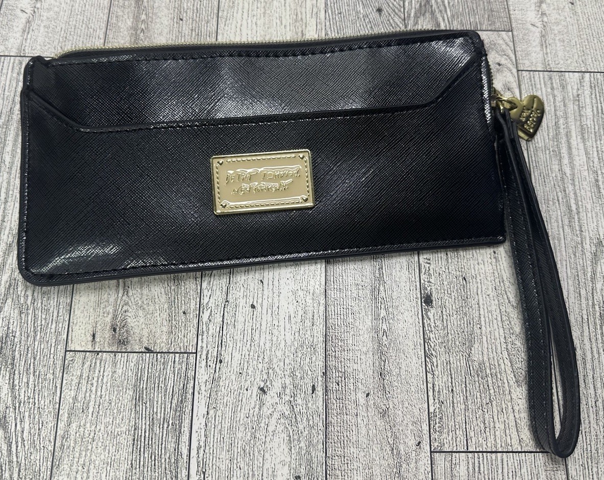 Betsey Johnson Clutch Wallet Black Faux Patent PU- Purple Satin Signature Lining