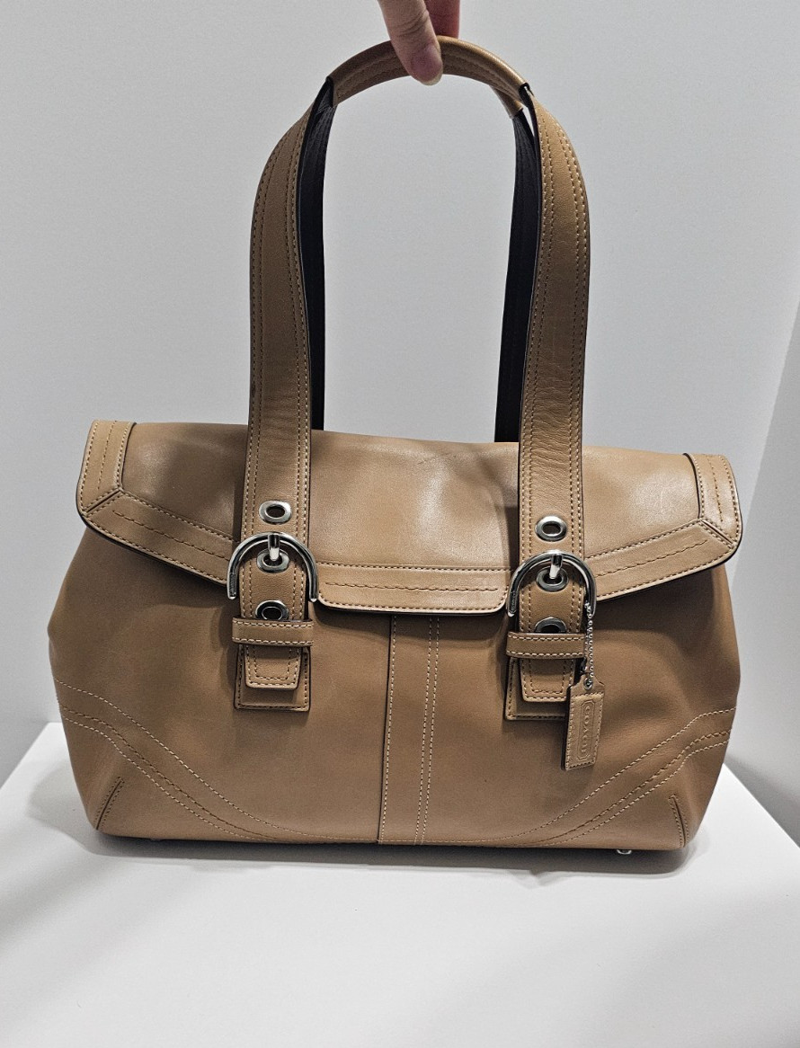 Coach Soho F12304 Camel Beige Leather Double-Buckle Satchel, Silver Hardware