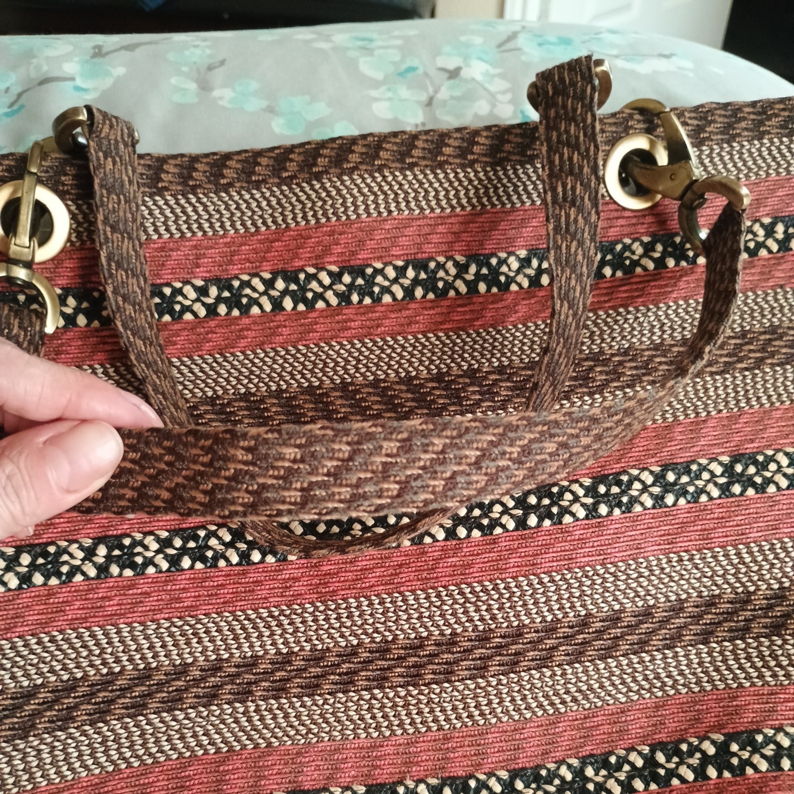 ERIC JAVITS Striped WOVEN SHOULDER BAG RARE Large STRAP W/bronze MSRP 330.00