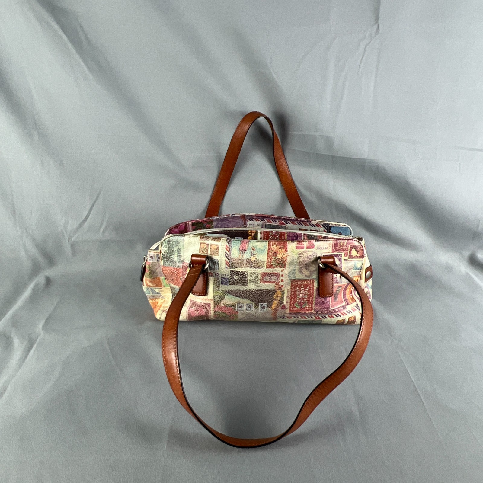 Vintage Fossil Shoulder Bag Womens Multicolor Postage Stamp Print Double Handle
