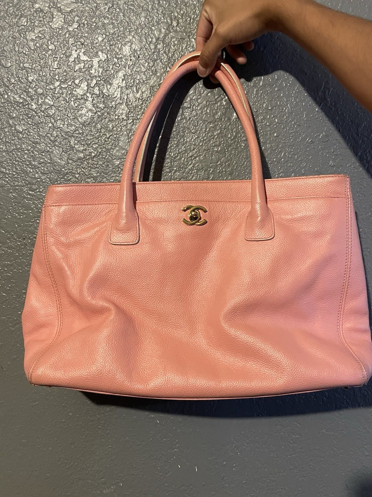 CHANEL Pink Tote Bag Gold Tone CC Logo Snap/Zip Closure Lined Inner Pockets