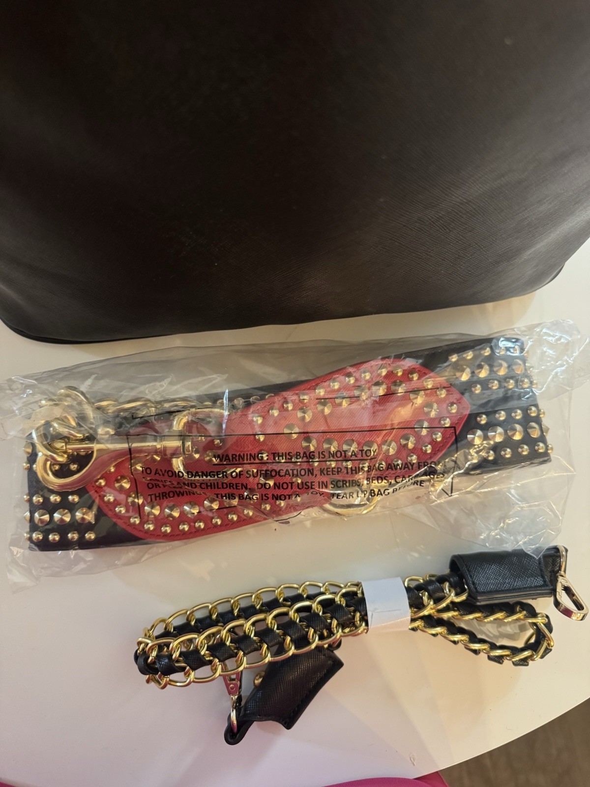 NWT Original by Sharif 1827 Black Studded Leather Shoulder Bag Red Trim Chain